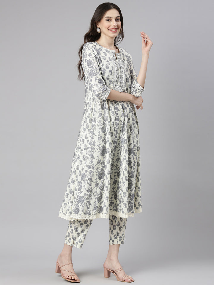 Neerus Cream Printed Anarkali Kurta and Trousers With Dupatta