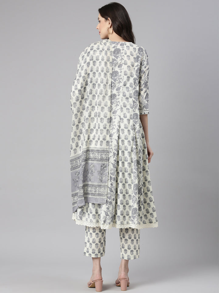 Neerus Cream Printed Anarkali Kurta and Trousers With Dupatta