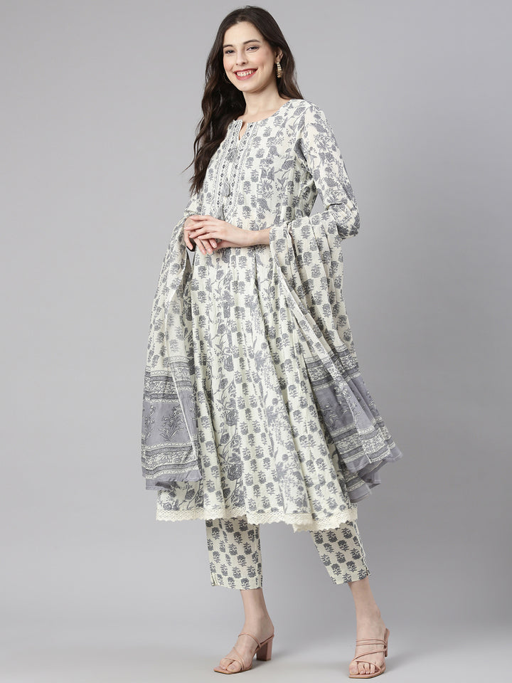 Neerus Cream Printed Anarkali Kurta and Trousers With Dupatta