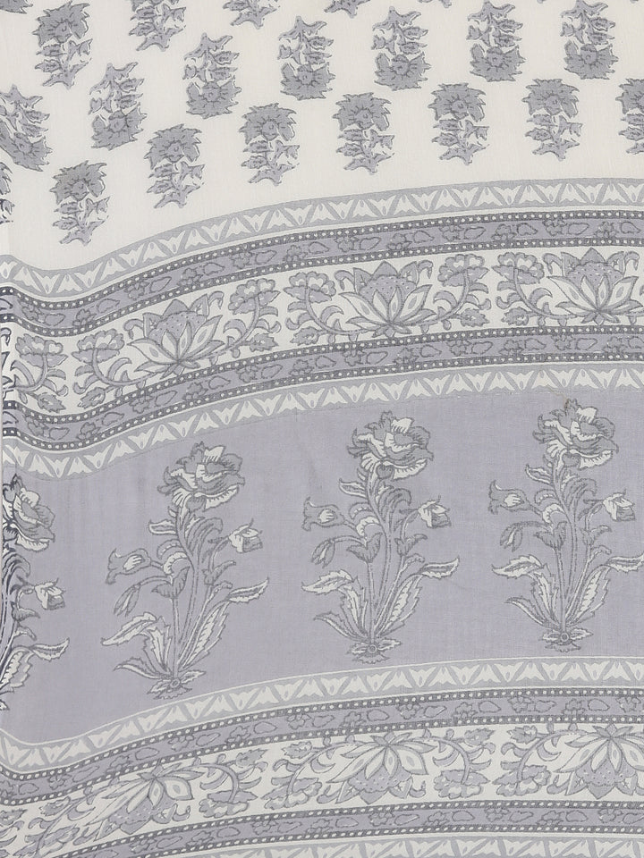 Neerus Cream Printed Anarkali Kurta and Trousers With Dupatta