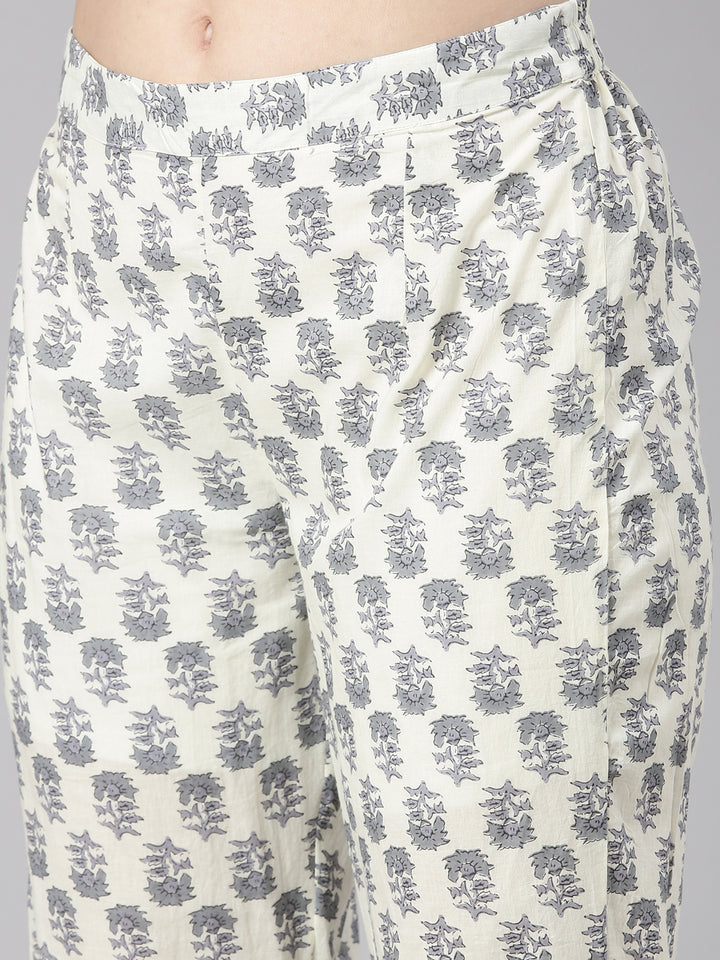 Neerus Cream Printed Anarkali Kurta and Trousers With Dupatta
