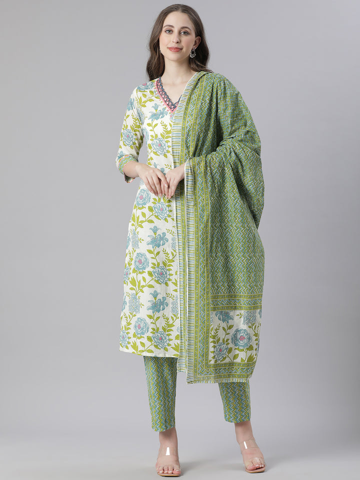 Neerus Green Printed Straight Kurta and Trousers With Dupatta