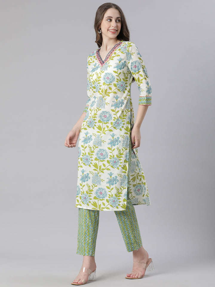 Neerus Green Printed Straight Kurta and Trousers With Dupatta