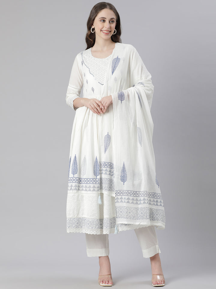 Neerus Blue Printed Anarkali Kurta and Trousers With Dupatta