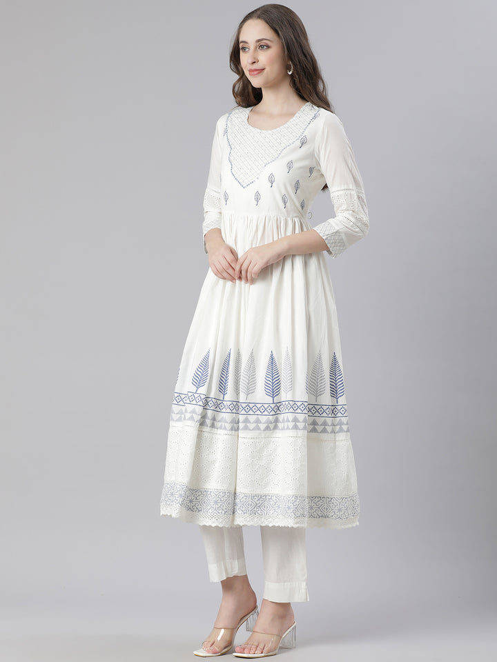 Neerus Blue Printed Anarkali Kurta and Trousers With Dupatta