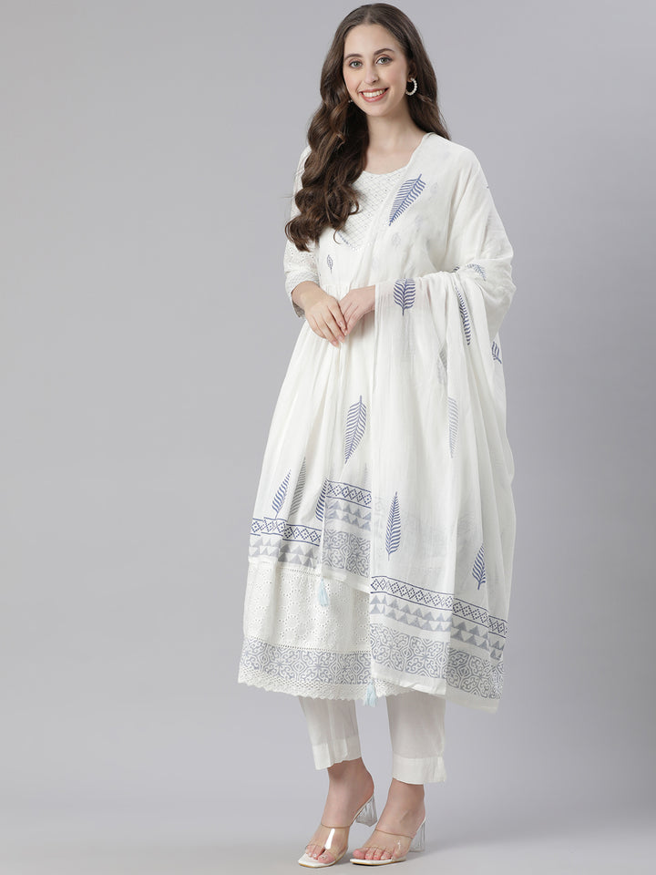 Neerus Blue Printed Anarkali Kurta and Trousers With Dupatta