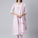 Neerus Lavender Printed Anarkali Kurta and Trousers With Dupatta