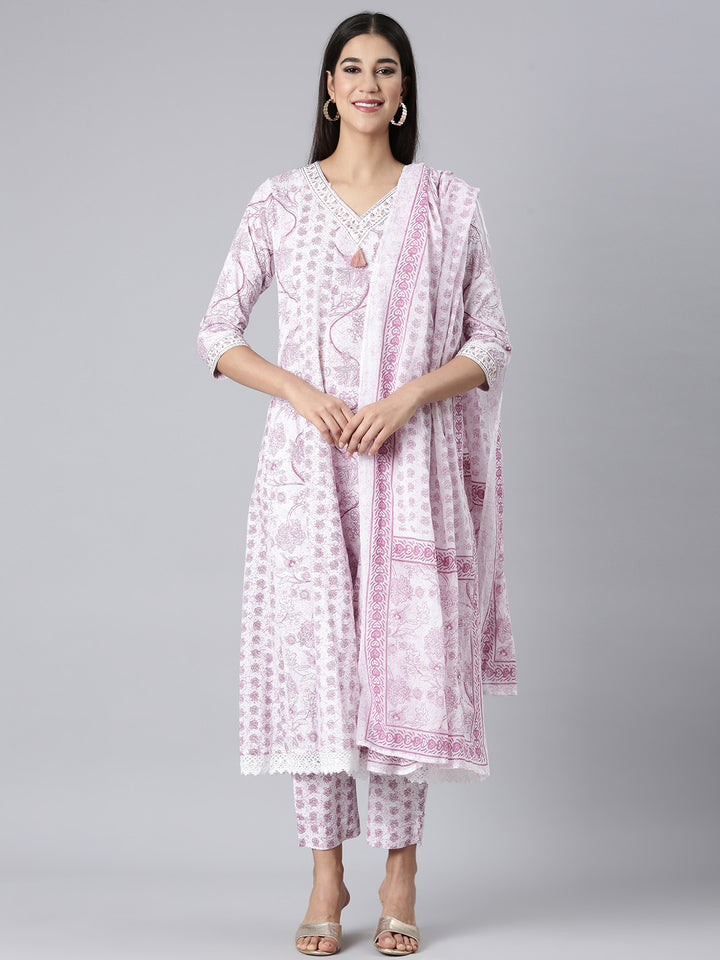 Neerus Lavender Printed Anarkali Kurta and Trousers With Dupatta
