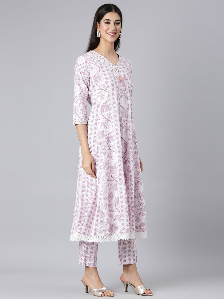 Neerus Lavender Printed Anarkali Kurta and Trousers With Dupatta