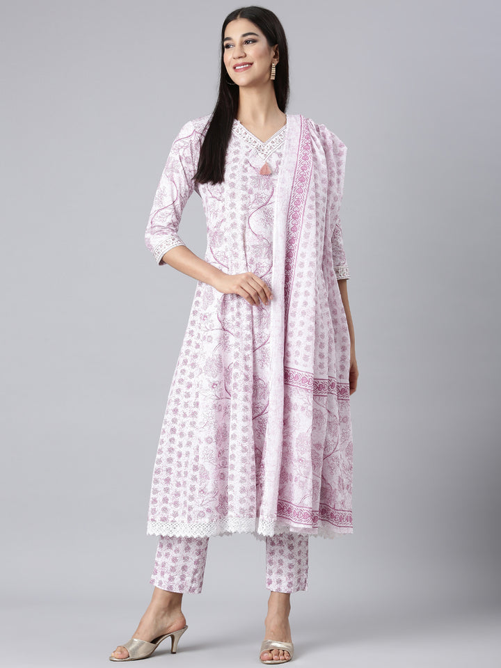 Neerus Lavender Printed Anarkali Kurta and Trousers With Dupatta