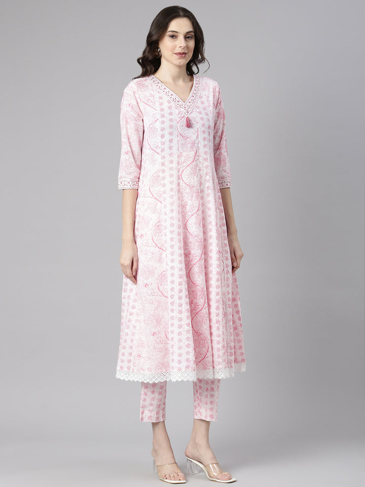 Neerus Pink Printed Anarkali Kurta and Trousers With Dupatta