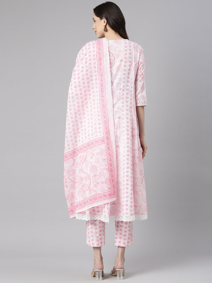 Neerus Pink Printed Anarkali Kurta and Trousers With Dupatta
