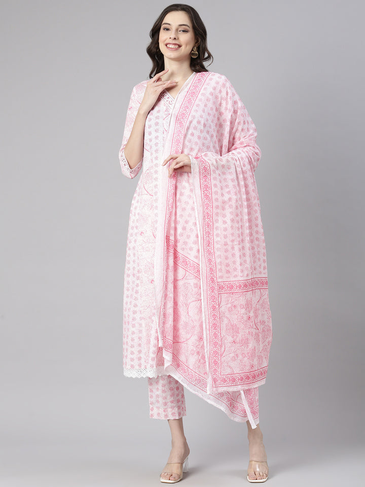 Neerus Pink Printed Anarkali Kurta and Trousers With Dupatta