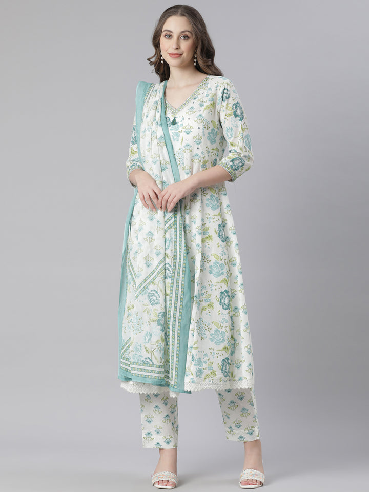 Neerus Green Printed Anarkali Kurta and Trousers With Dupatta