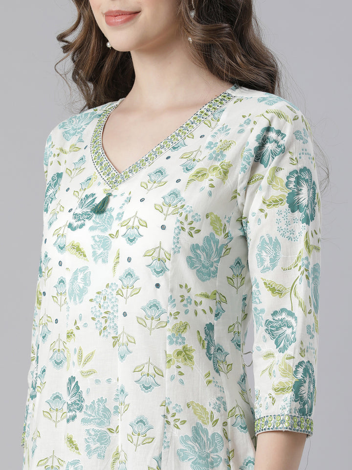 Neerus Green Printed Anarkali Kurta and Trousers With Dupatta