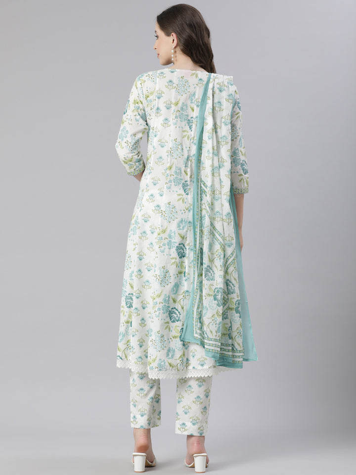 Neerus Green Printed Anarkali Kurta and Trousers With Dupatta