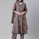 Neerus Grey Printed Anarkali Kurta and Trousers With Dupatta
