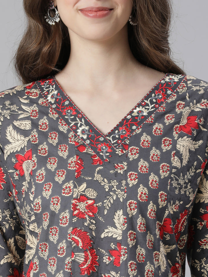 Neerus Grey Printed Anarkali Kurta and Trousers With Dupatta