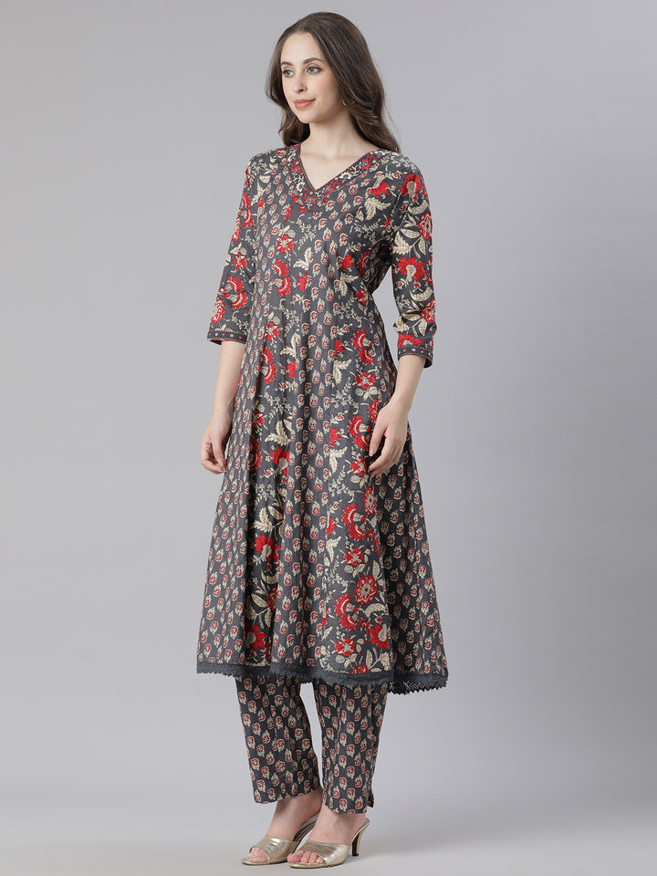 Neerus Grey Printed Anarkali Kurta and Trousers With Dupatta
