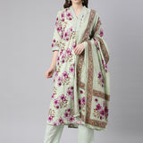 Neerus Pista Printed Anarkali Kurta and Trousers With Dupatta