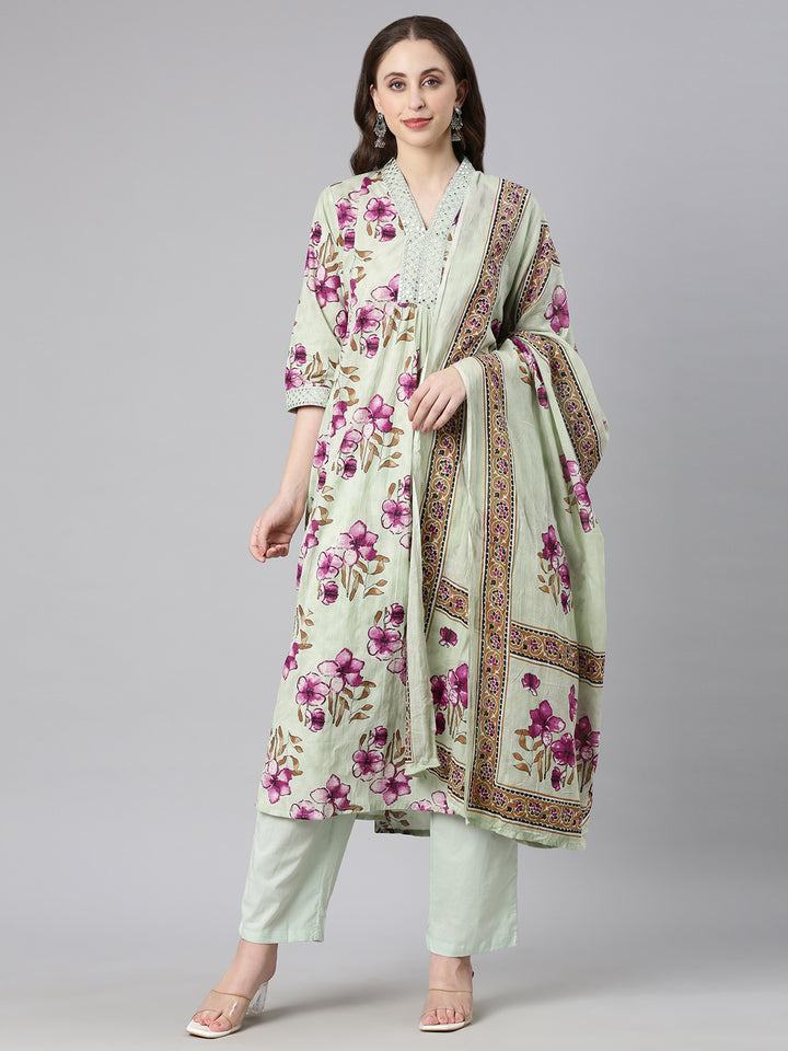 Neerus Pista Printed Anarkali Kurta and Trousers With Dupatta