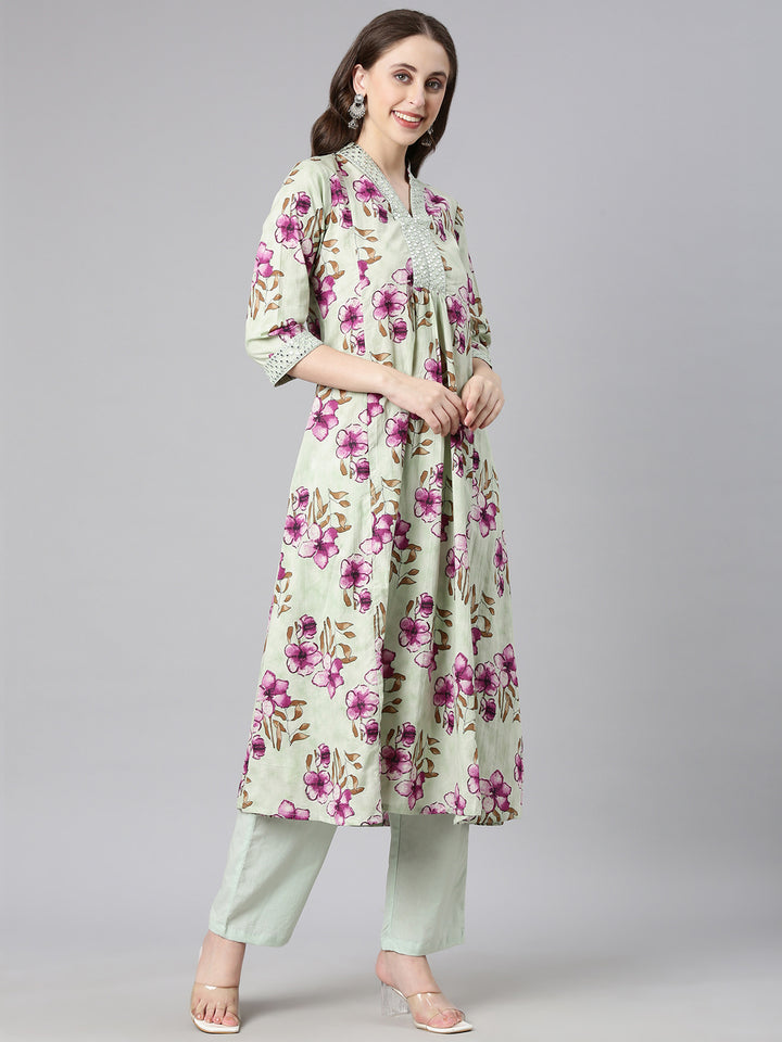 Neerus Pista Printed Anarkali Kurta and Trousers With Dupatta
