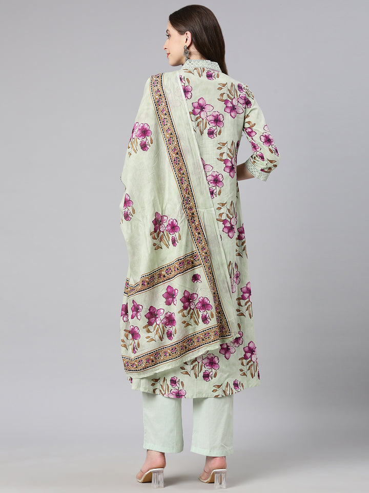 Neerus Pista Printed Anarkali Kurta and Trousers With Dupatta