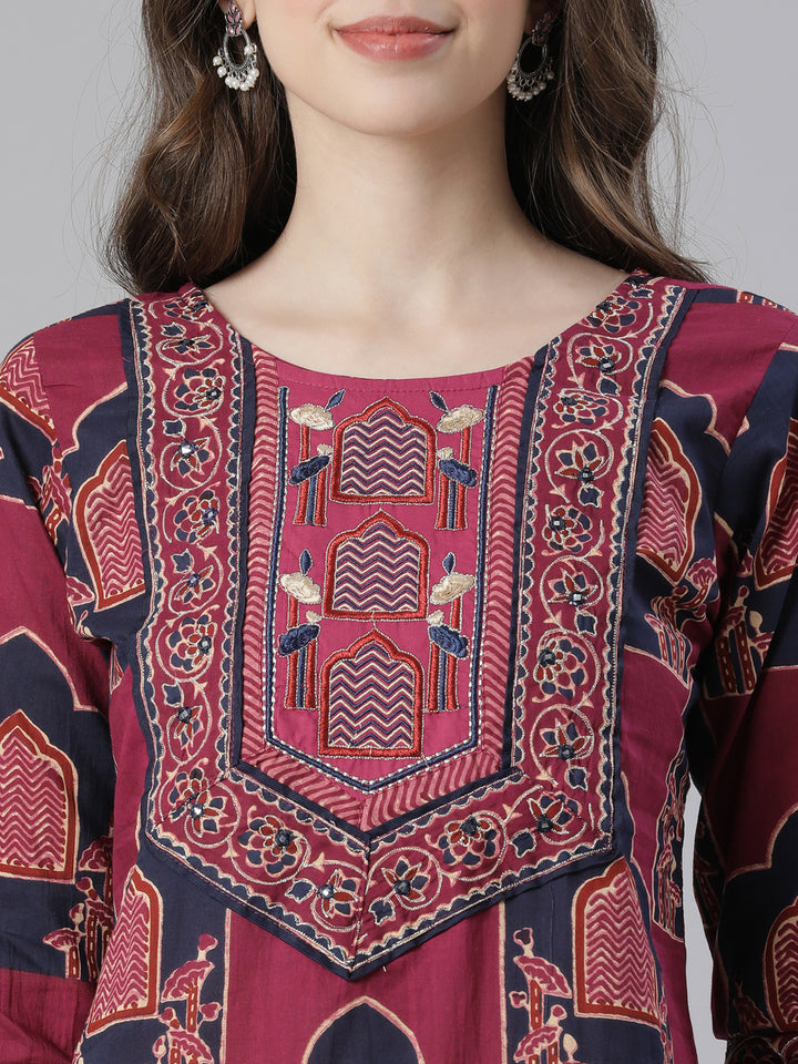 Neerus Purple Printed Straight Kurta and Trousers With Dupatta