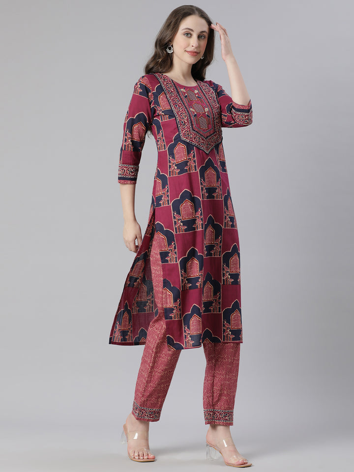 Neerus Purple Printed Straight Kurta and Trousers With Dupatta