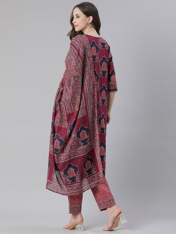 Neerus Purple Printed Straight Kurta and Trousers With Dupatta