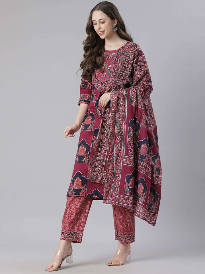 Neerus Purple Printed Straight Kurta and Trousers With Dupatta