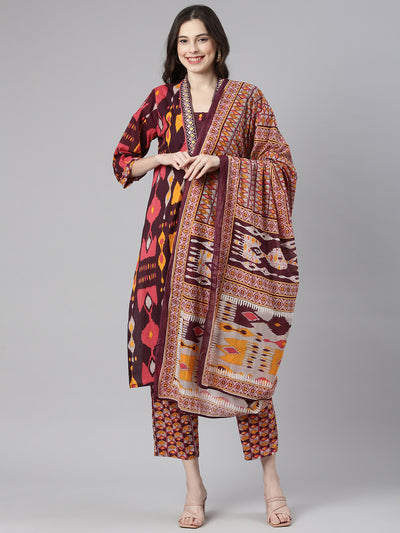 Neerus Red Printed Straight Kurta and Trousers With Dupatta