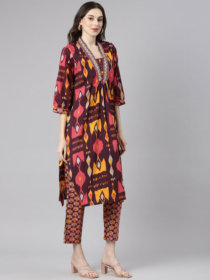 Neerus Red Printed Straight Kurta and Trousers With Dupatta