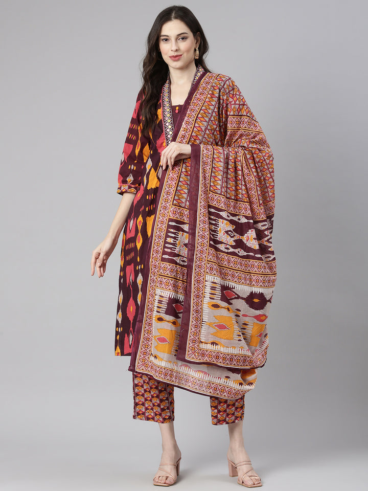 Neerus Red Printed Straight Kurta and Trousers With Dupatta