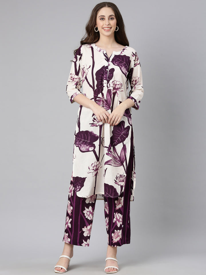 Neerus Purple Printed Straight Kurta and Trousers