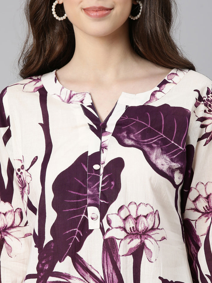 Neerus Purple Printed Straight Kurta and Trousers