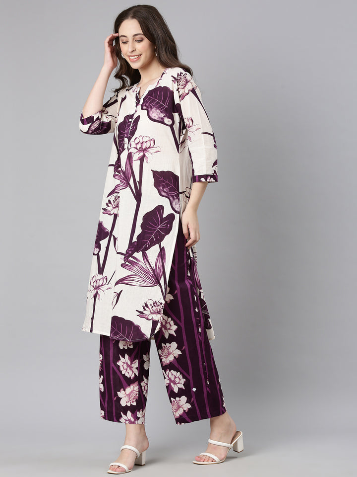 Neerus Purple Printed Straight Kurta and Trousers