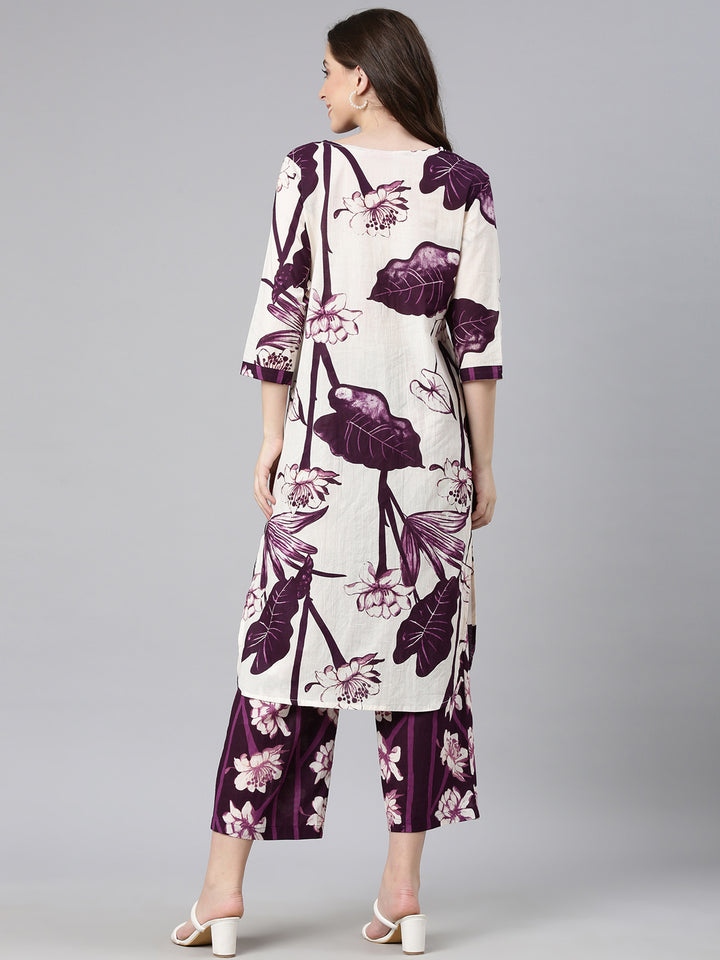Neerus Purple Printed Straight Kurta and Trousers