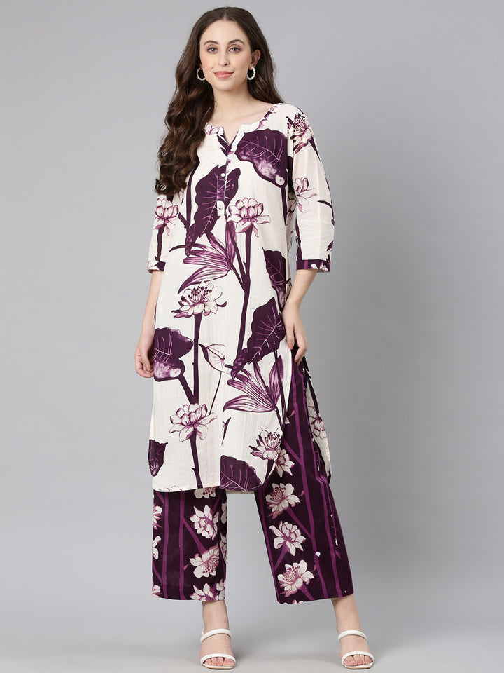 Neerus Purple Printed Straight Kurta and Trousers