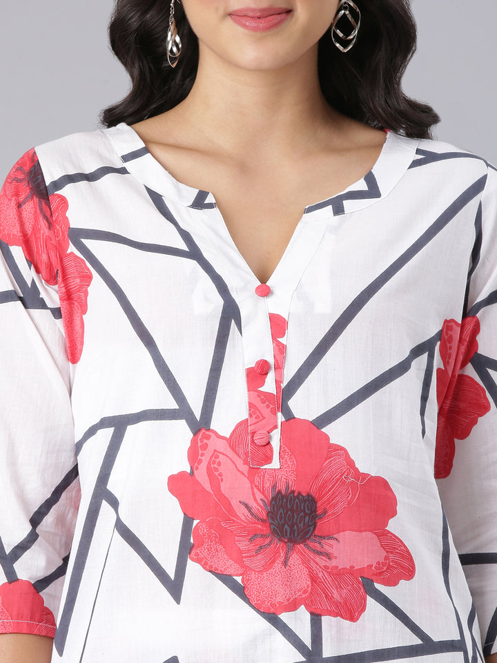 Neerus White Printed Straight Kurta And Trousers
