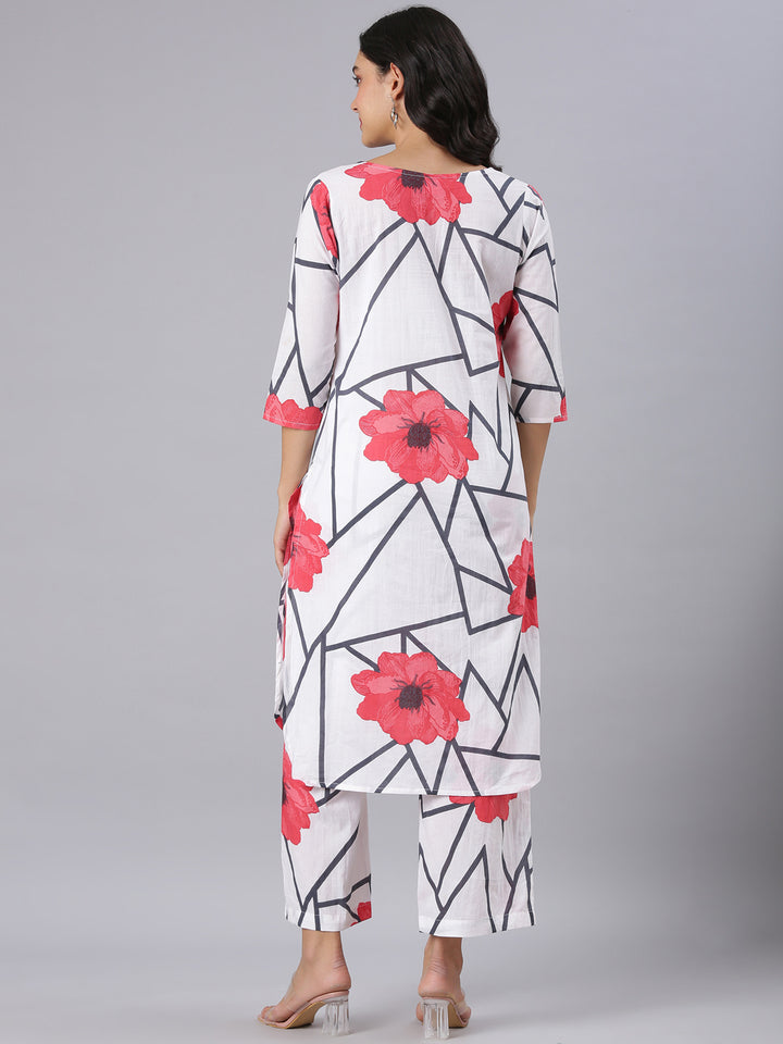 Neerus White Printed Straight Kurta And Trousers