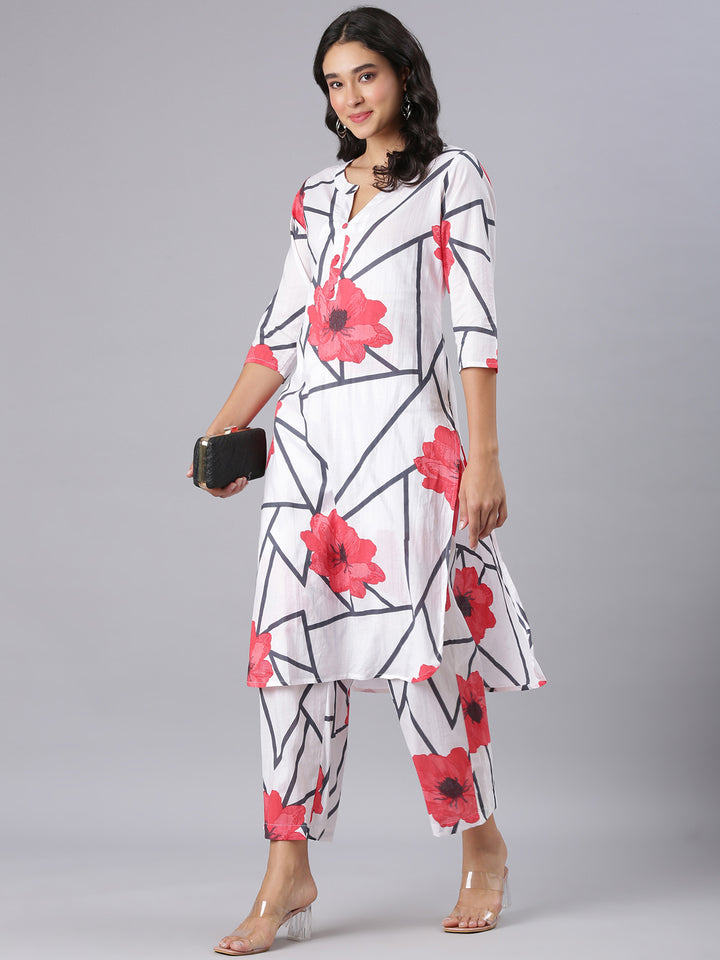 Neerus White Printed Straight Kurta And Trousers