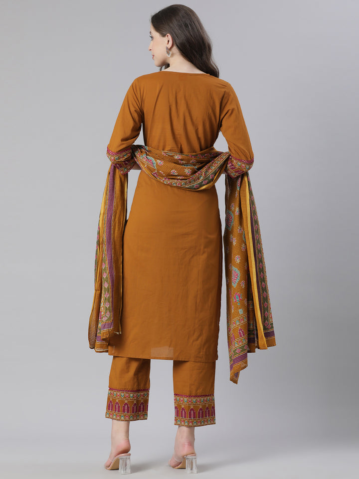 Neerus Gold Solid Straight Kurta and Trousers With Dupatta