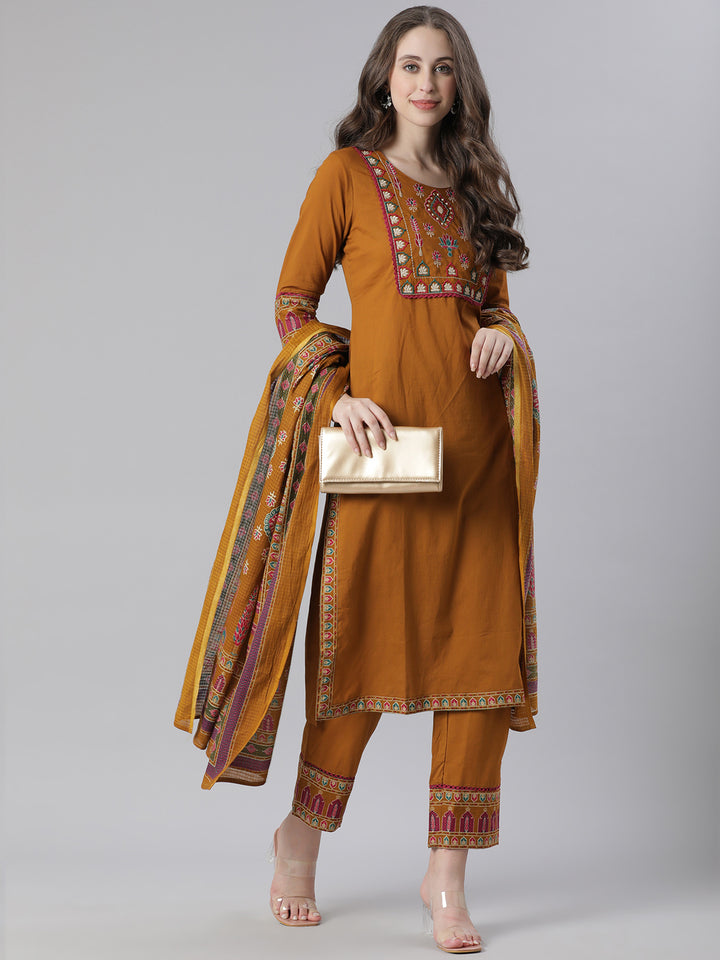 Neerus Gold Solid Straight Kurta and Trousers With Dupatta