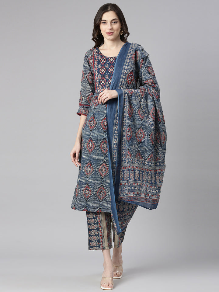 Neerus Blue Printed Straight Kurta and Trousers With Dupatta