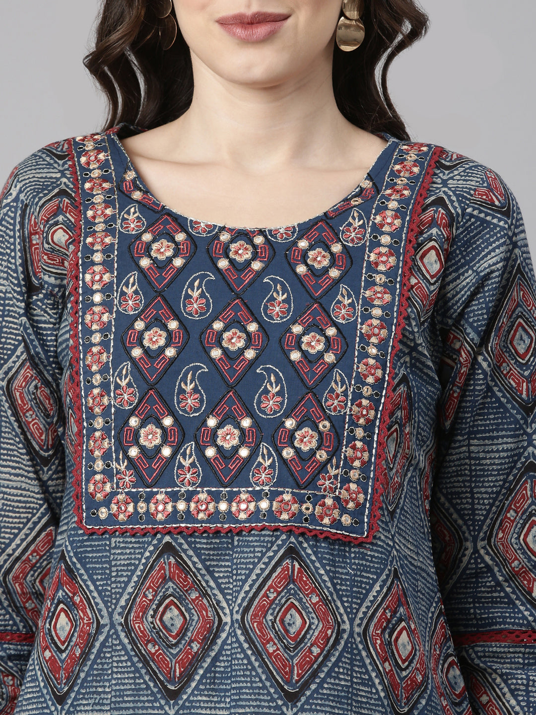 Neerus Blue Printed Straight Kurta and Trousers With Dupatta