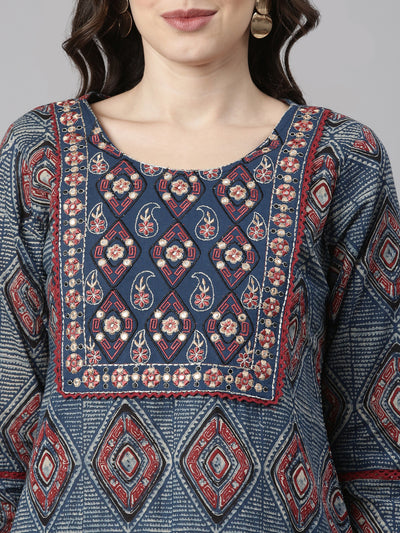 Neerus Blue Printed Straight Kurta and Trousers With Dupatta