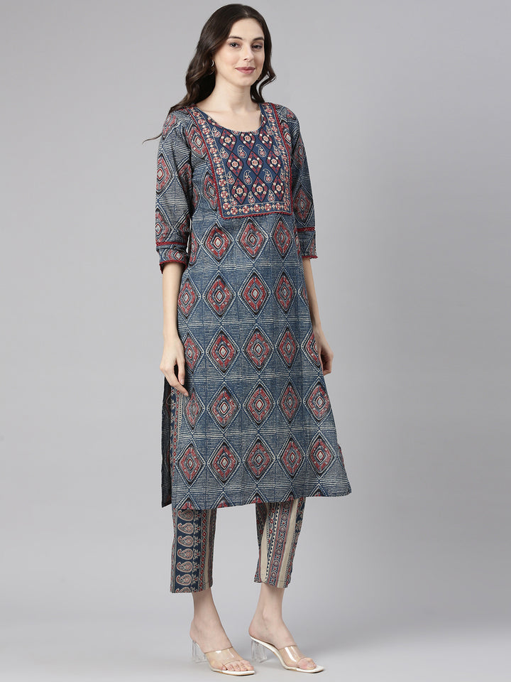 Neerus Blue Printed Straight Kurta and Trousers With Dupatta