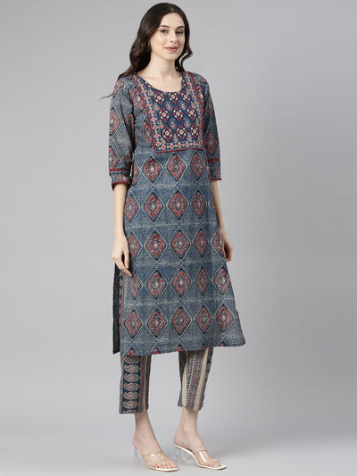 Neerus Blue Printed Straight Kurta and Trousers With Dupatta