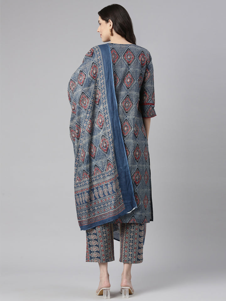 Neerus Blue Printed Straight Kurta and Trousers With Dupatta